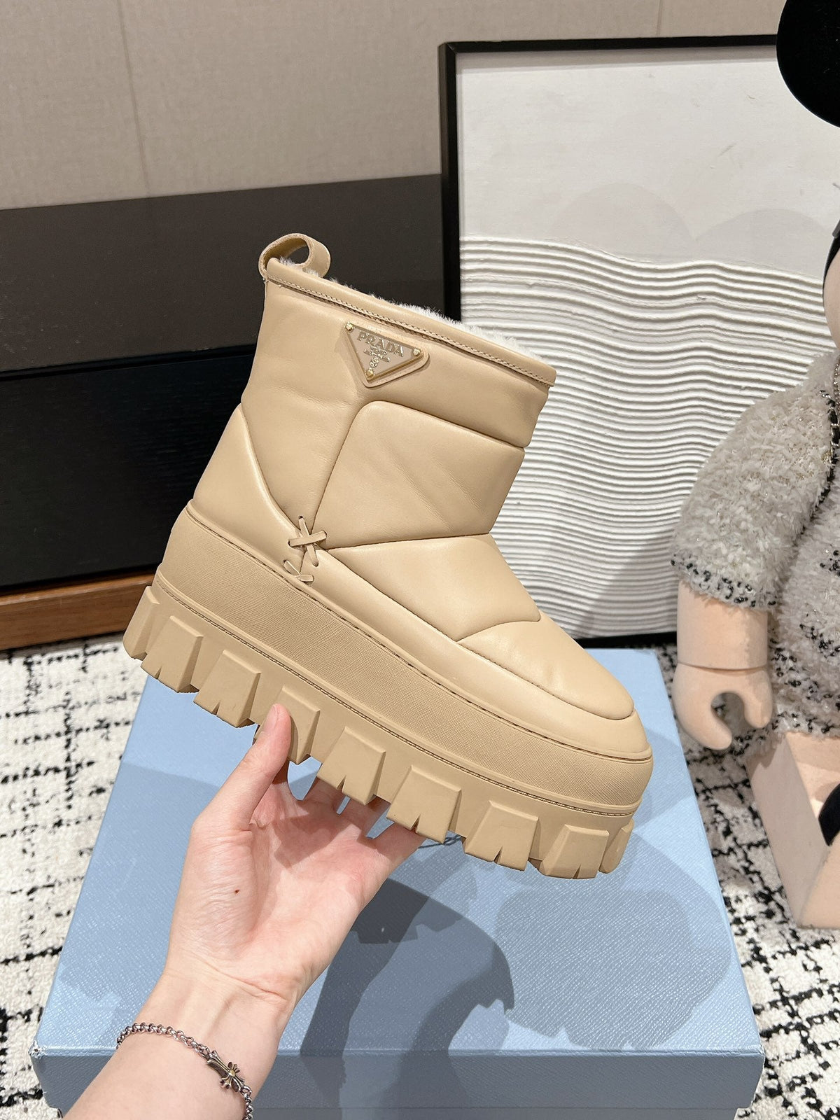 MONOLITH ANKLE BOOTS WITH STRAP IN BUFF BEIGE CALFSKIN AND FLEECE LINING
