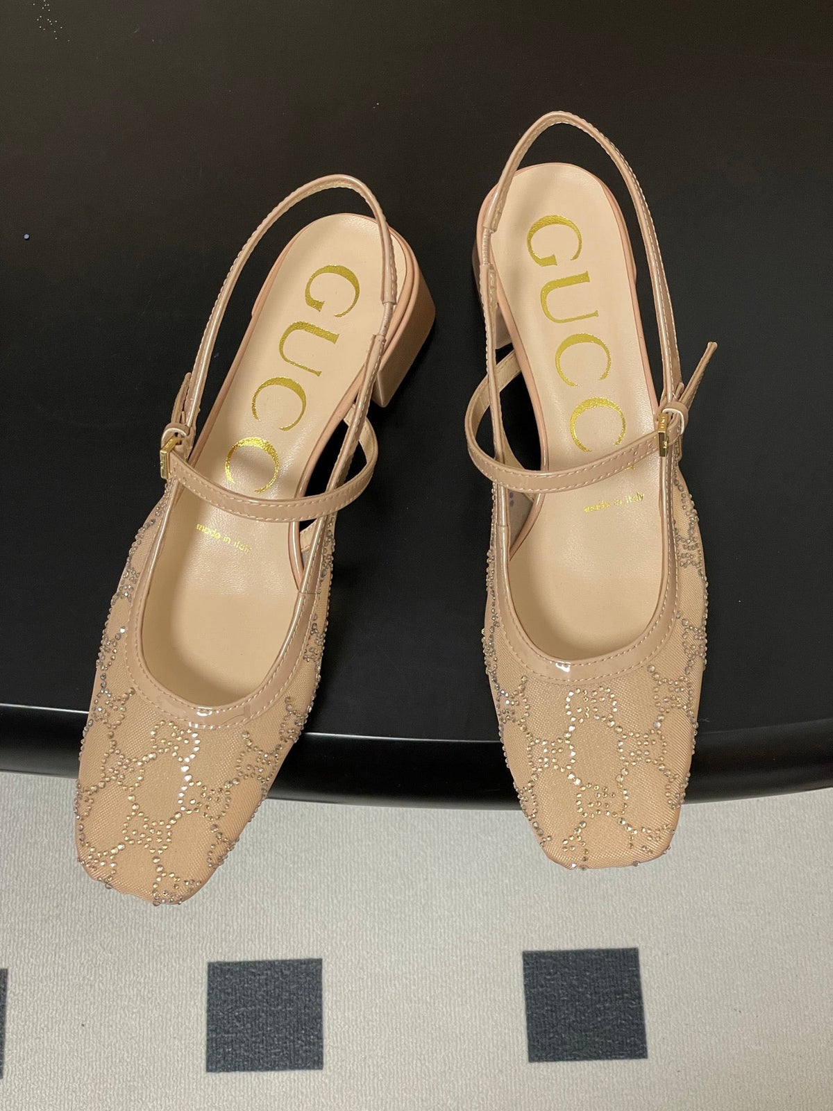 GG 26ss Crystal Rhinestone Mary Jane Beige Mesh Fabric 593510