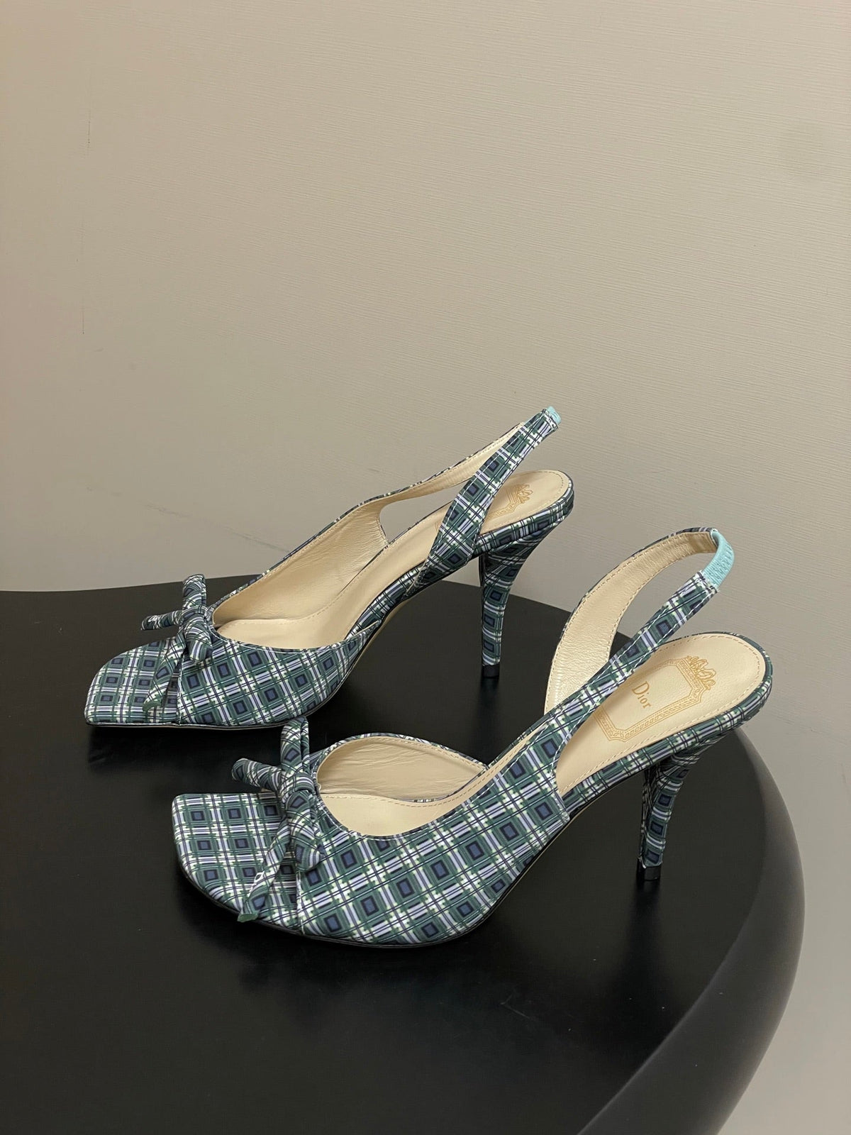 CD 26 Slingback 85 Black Green Blue Leather Silk Fabric 593602