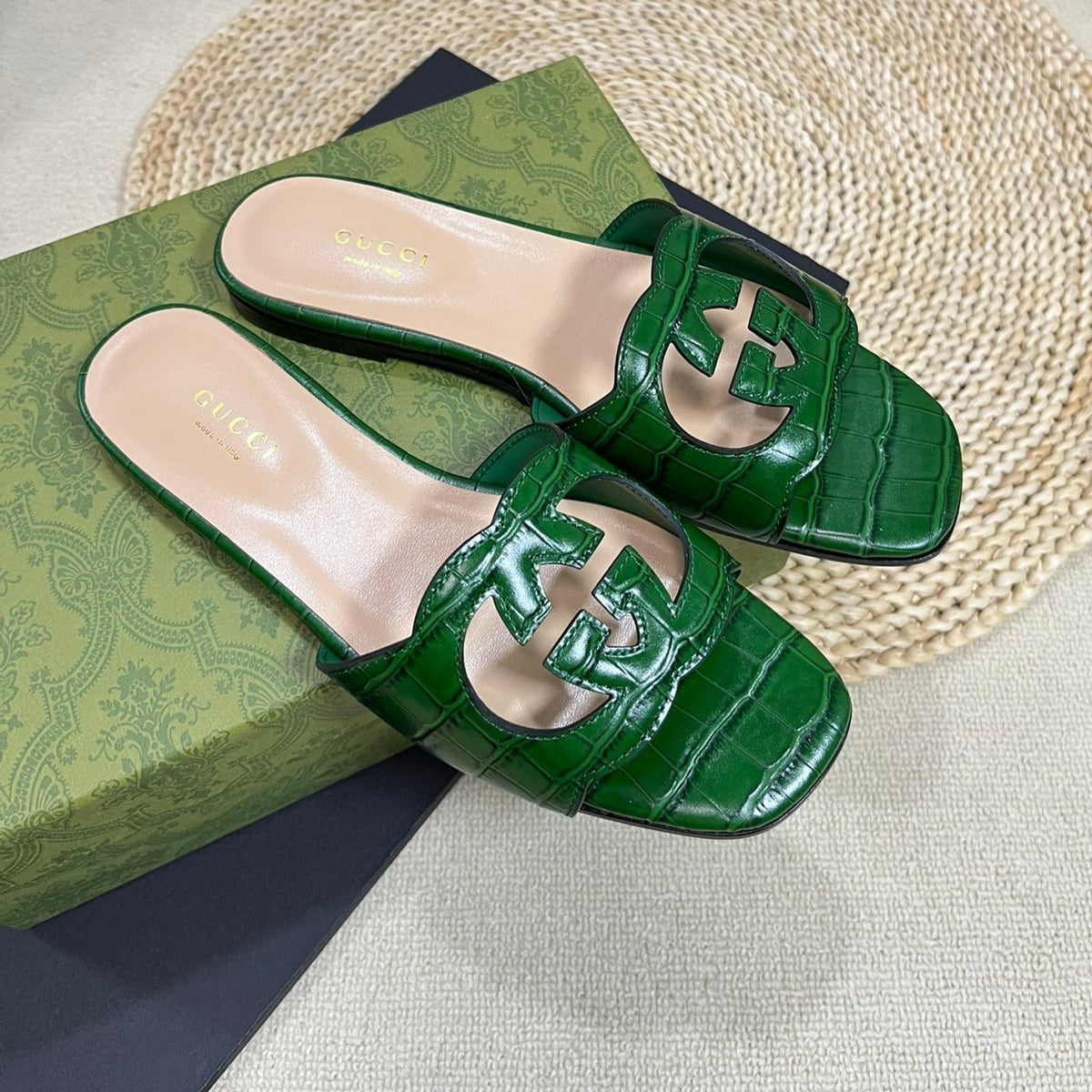 GG Cut Out Slide Sandals Forest Green