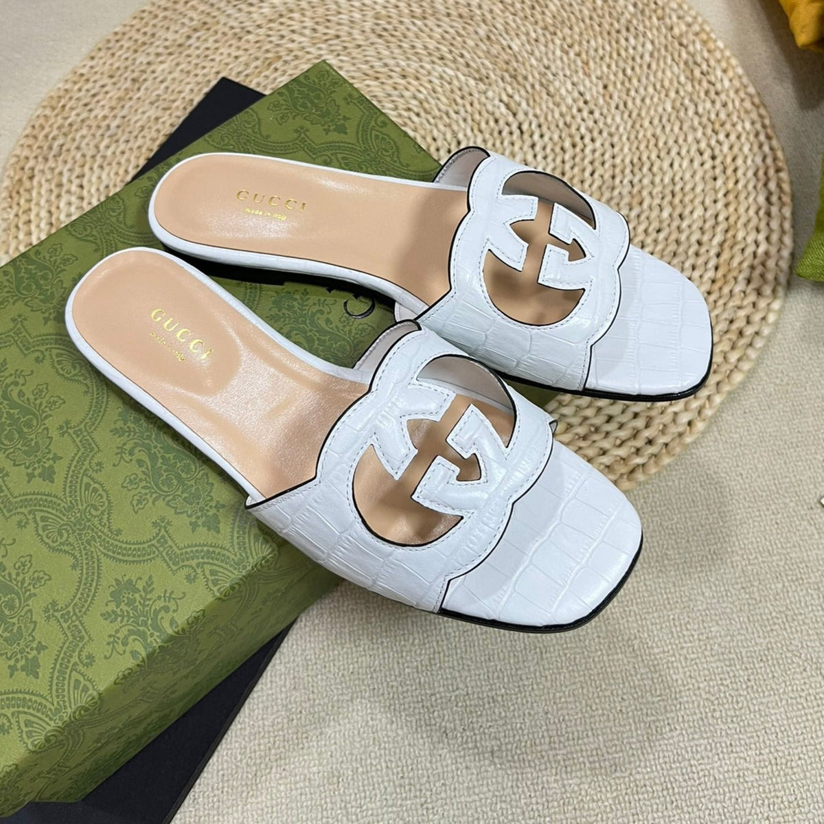 GG Cut Out Slide Sandals White
