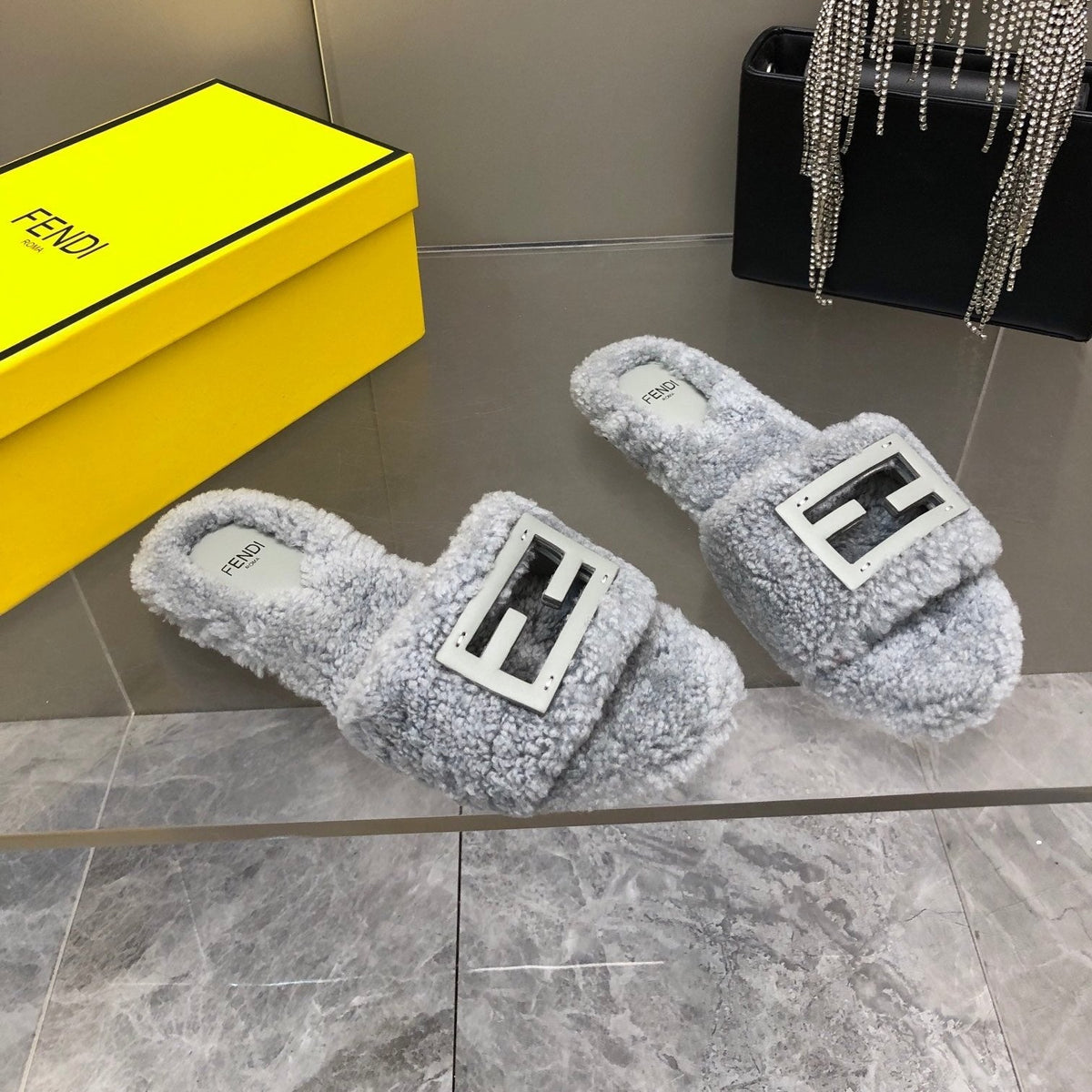 FENDI BAGUETTE SLIDE SLIPPERS IN GREY WOOL