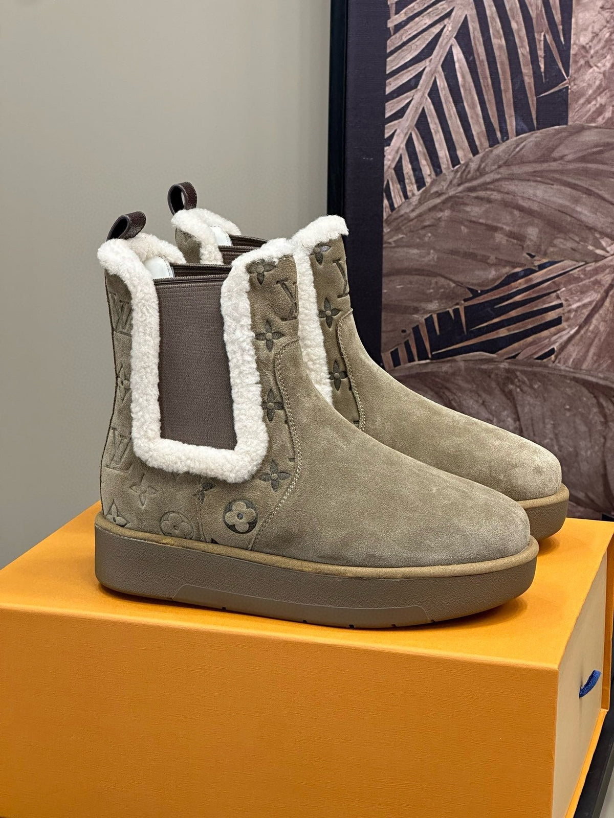 ASPEN CHELSEA ANKLE BOOTS IN ECRU BEIGE MONOGRAM-DEBOSSED SUEDE