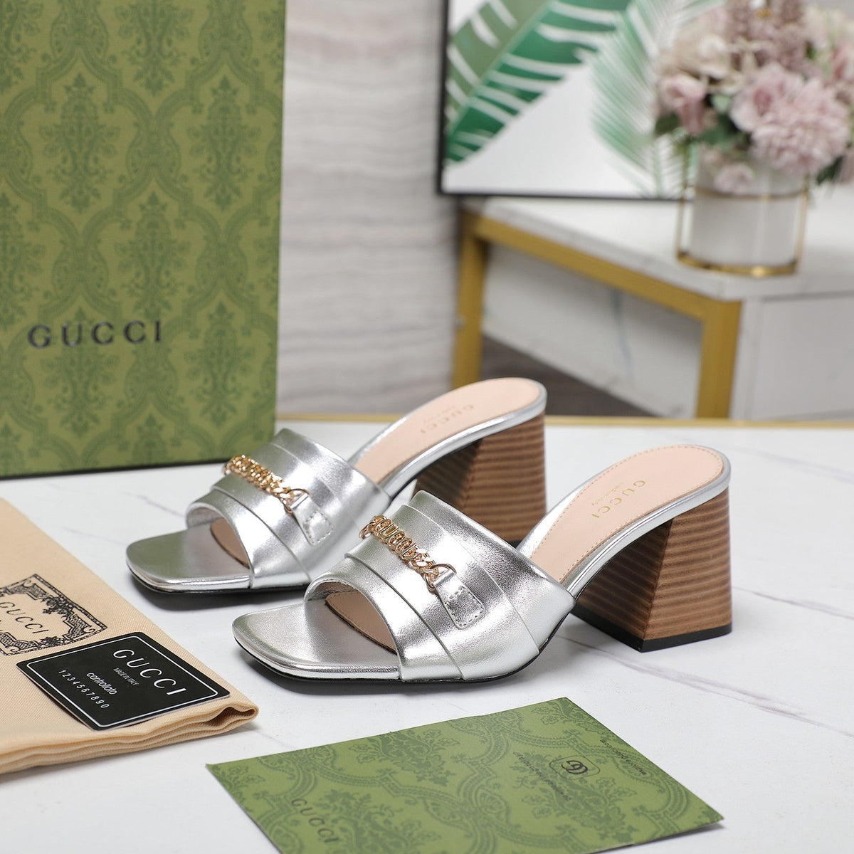 GG High Heels Half Slippers Silver