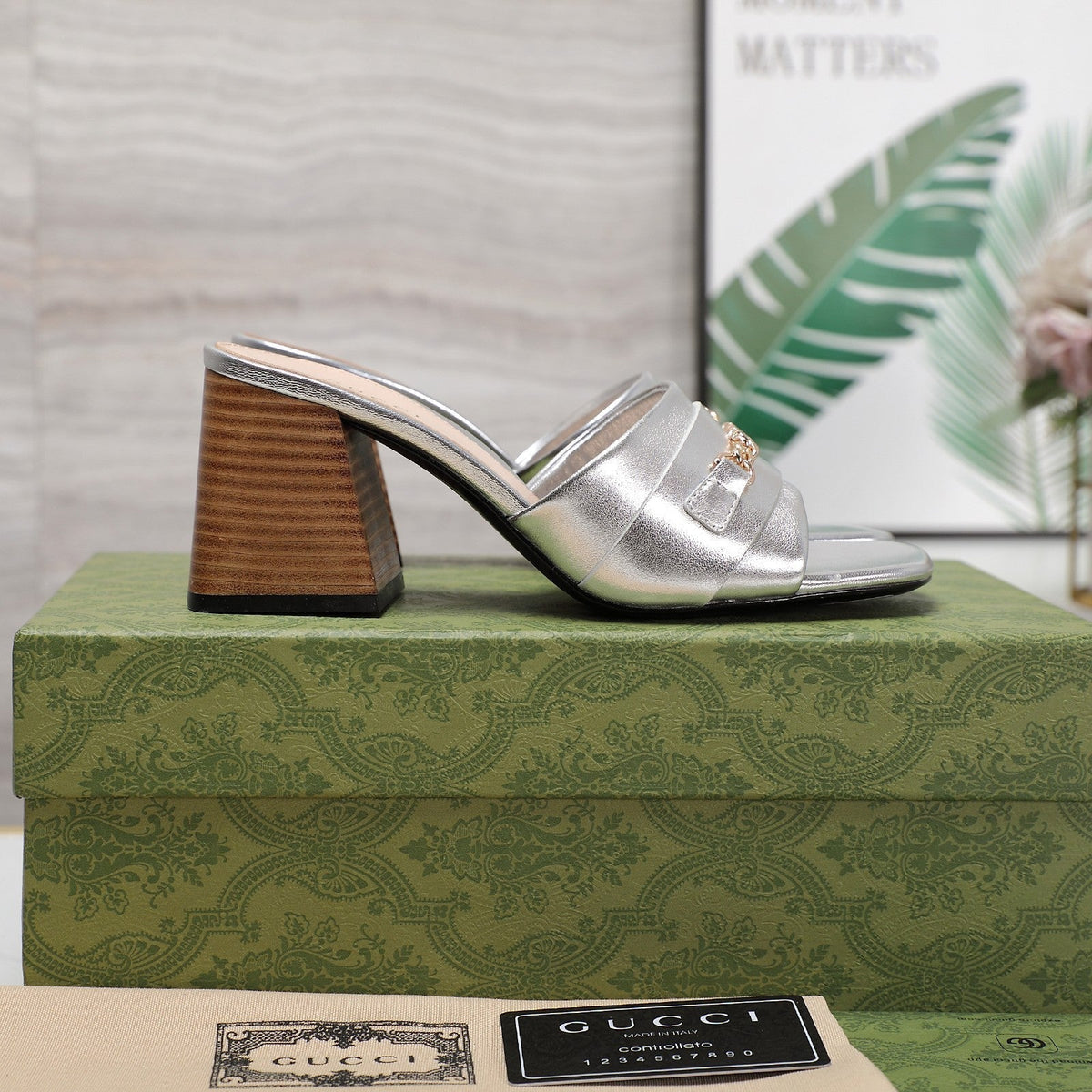 GG High Heels Half Slippers Silver