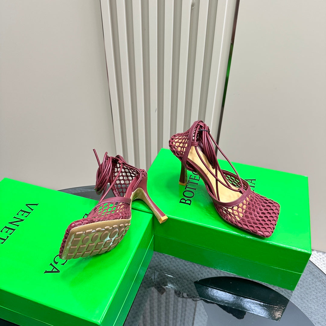 STRETCH HIGH HEELS 9 CM IN SANGRIA RED METALLIZE MESH AND LEATHER
