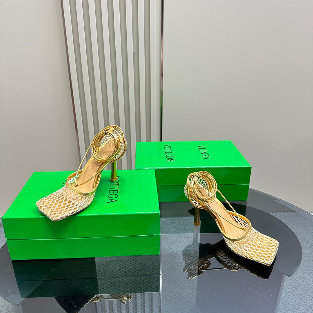 STRETCH HIGH HEELS 9 CM IN GOLD METALLIZE MESH AND LEATHER
