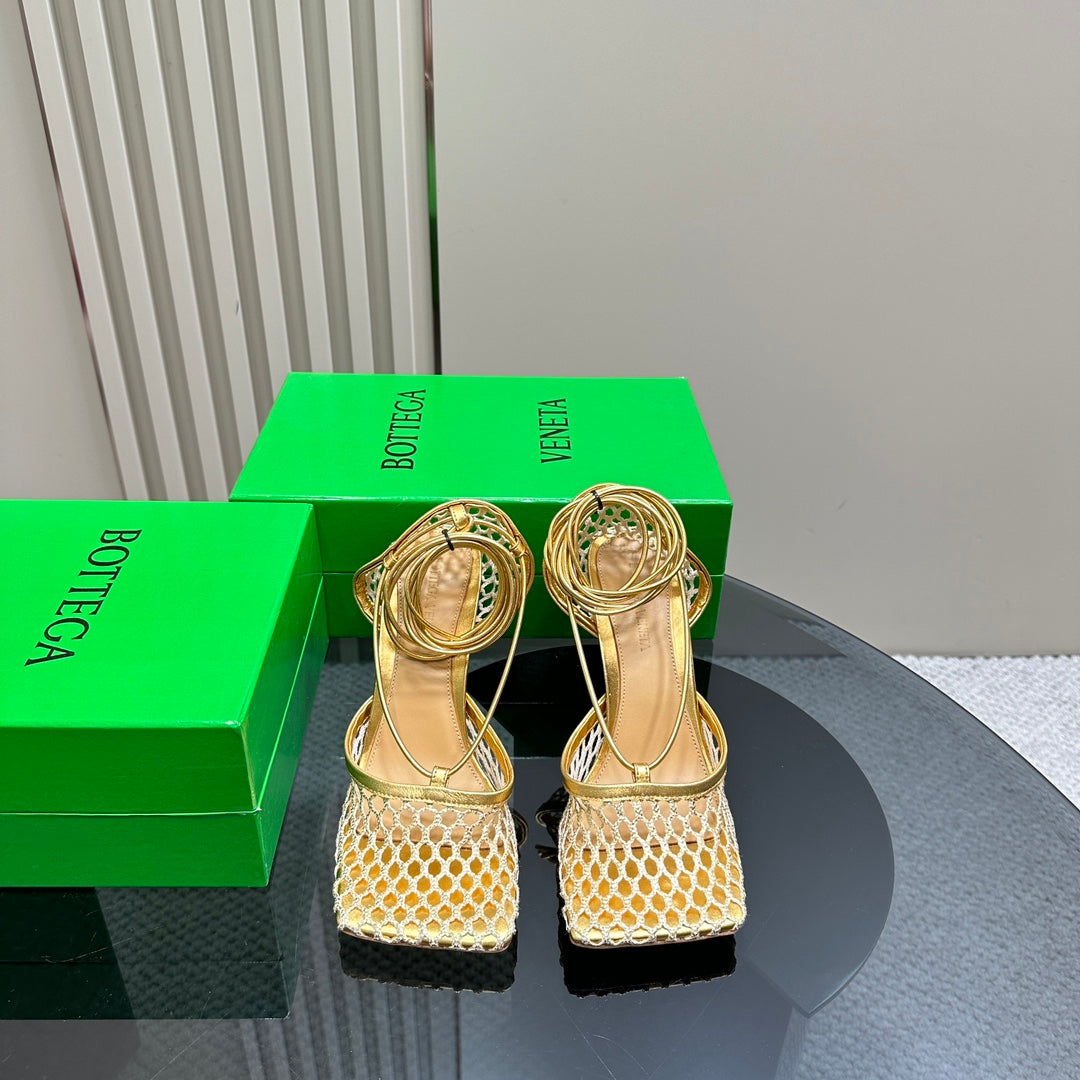 STRETCH HIGH HEELS 9 CM IN GOLD METALLIZE MESH AND LEATHER