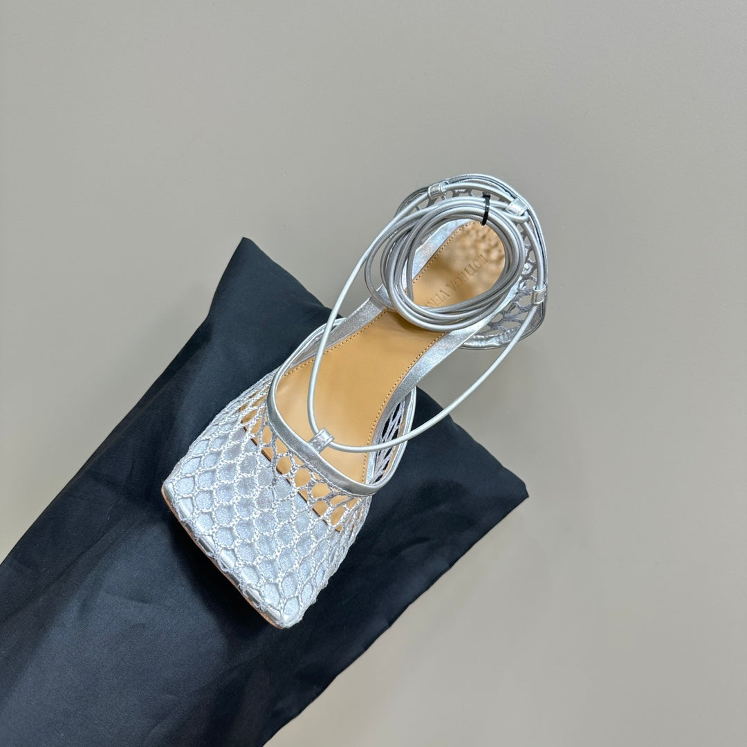 STRETCH HIGH HEELS 9 CM IN SILVER METALLIZE MESH AND LEATHER