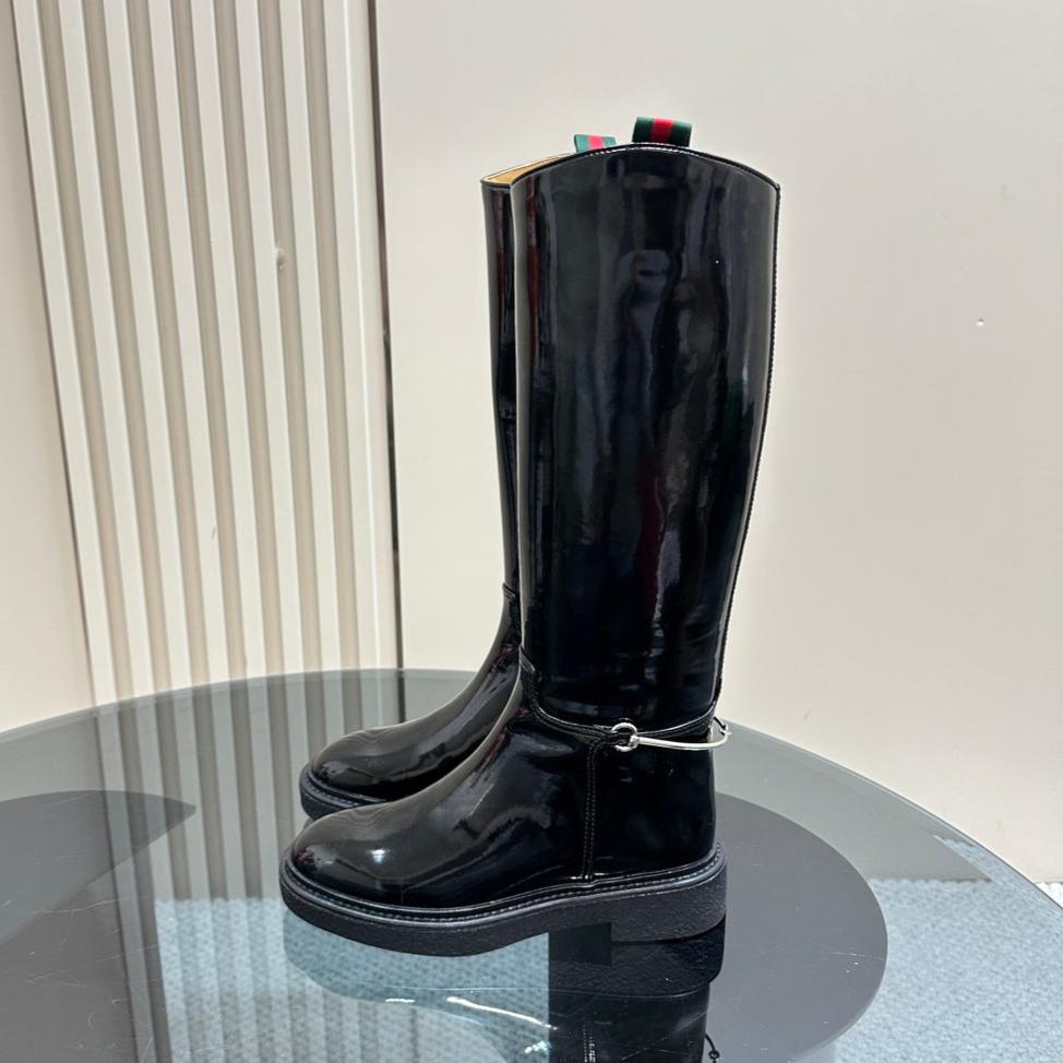SLIM HORSEBIT KNEE BOOTS WITH WEB IN BLACK GLOSSY CALFSKIN