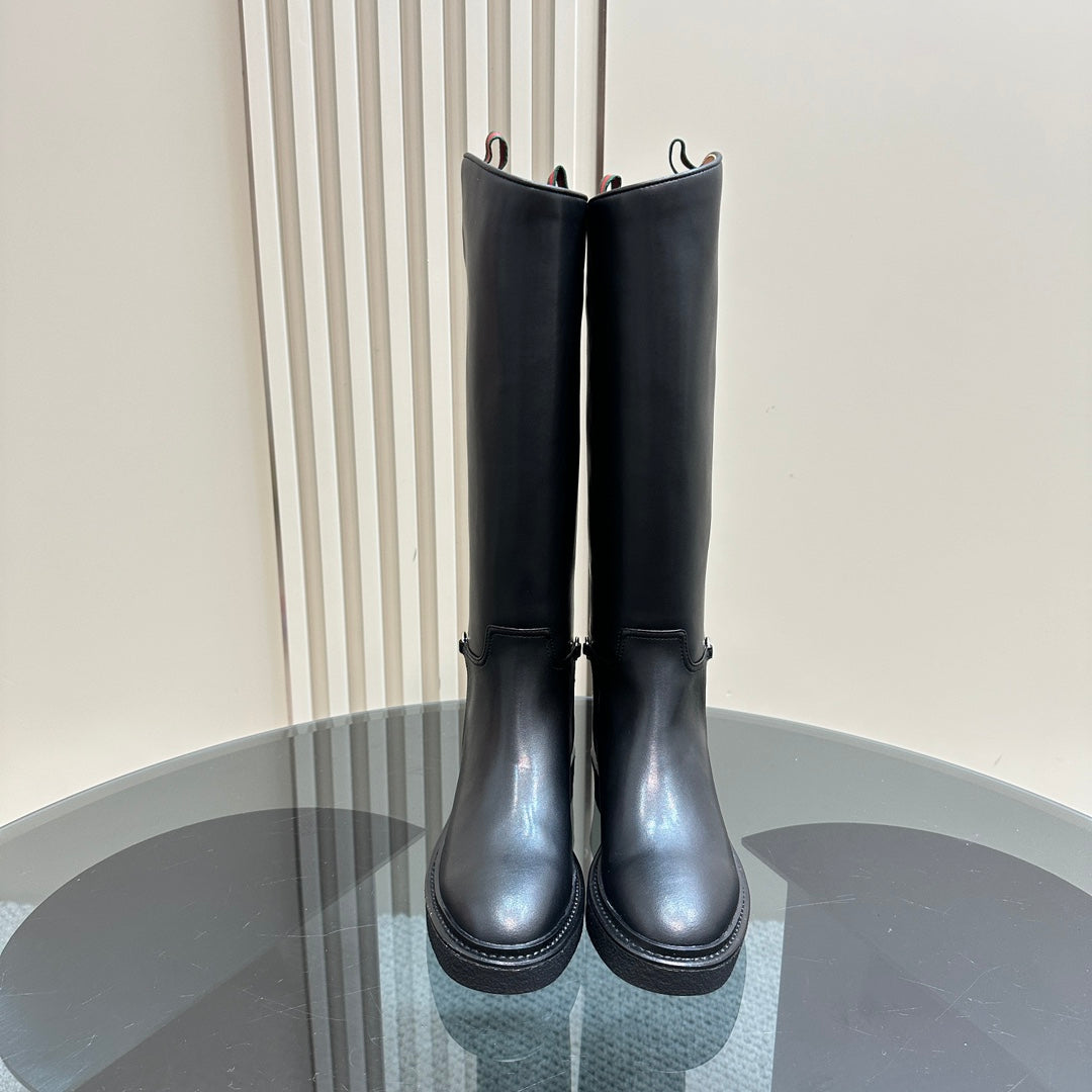 SLIM HORSEBIT KNEE BOOTS WITH WEB IN BLACK CALFSKIN