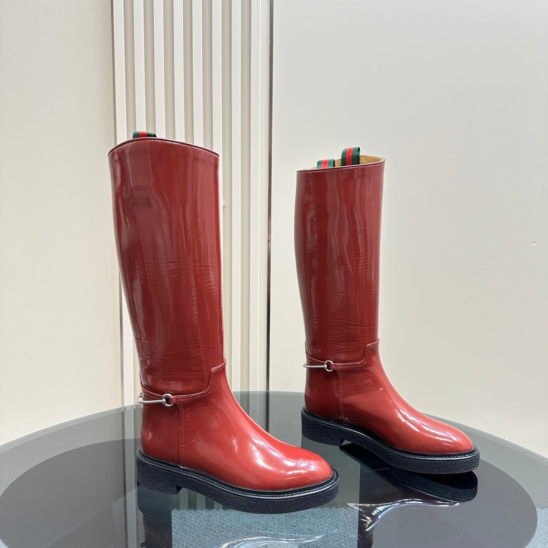 SLIM HORSEBIT KNEE BOOTS WITH WEB IN RED GLOSSY CALFSKIN