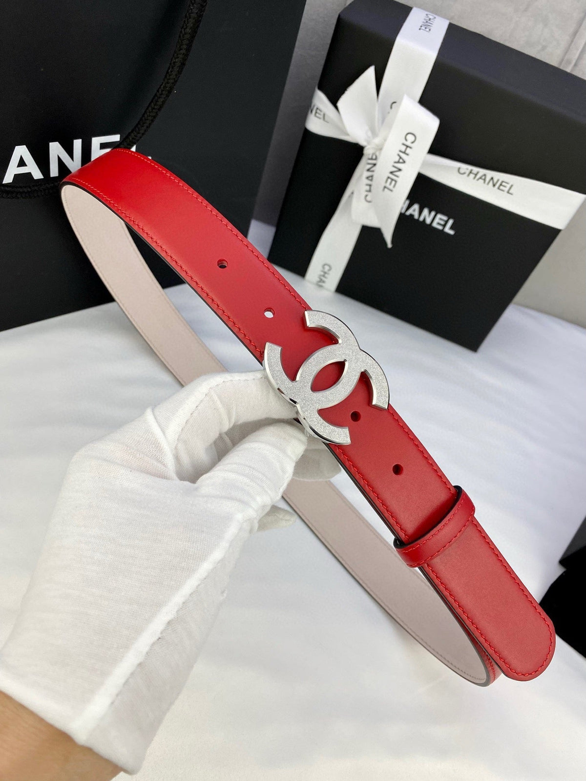 DOUBLE C BELT 30MM IN RED CALFSKIN METAL BUCKLE