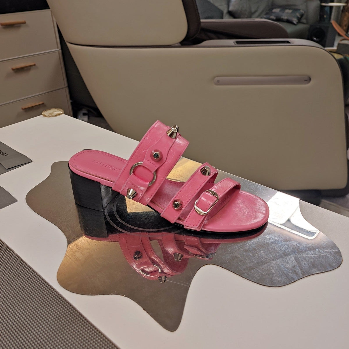 STRAPPY MEDIUM HEELED SANDALS IN WEWAK PINK STUDDED WAX-OIL SHEEPSKIN