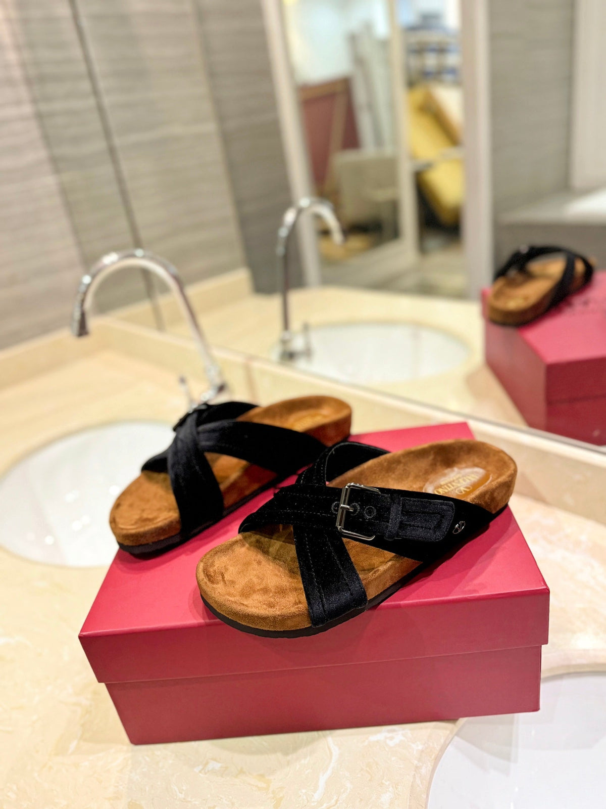 FUSSFRIEND BLACK SILK VELVET SLIDE SANDALS
