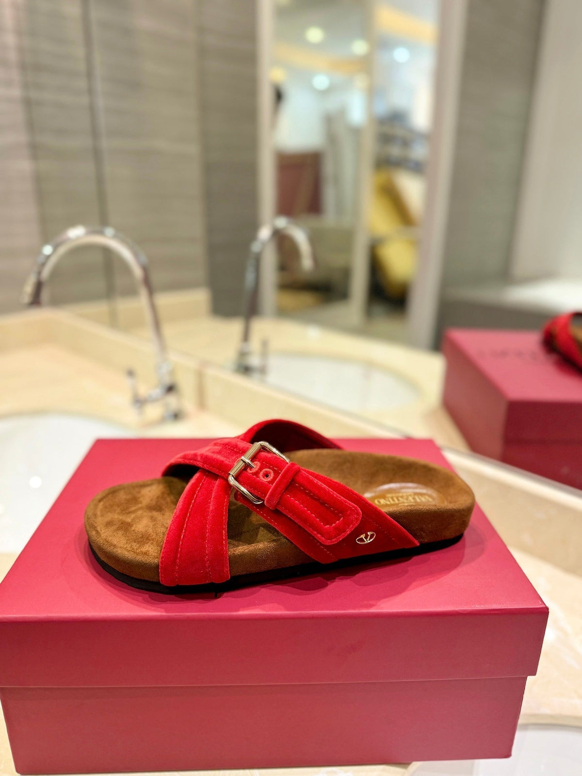 FUSSFRIEND CHERRY RED SILK VELVET SLIDE SANDALS