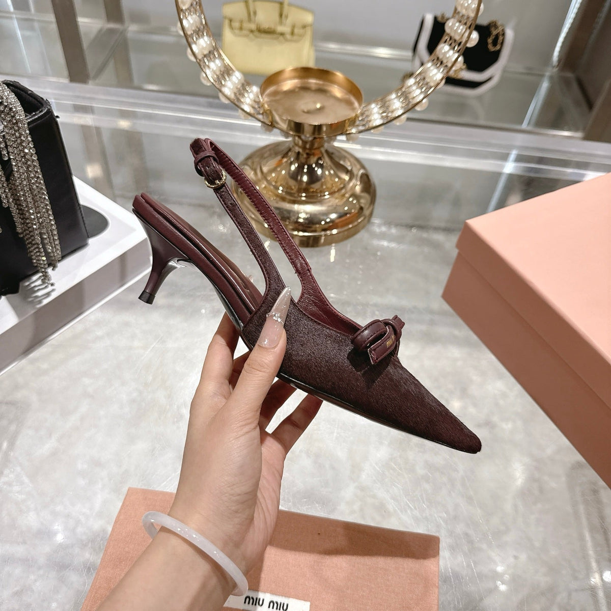 Miu 26 High Heel Slingback 45 Burgundy Suede Leather 592096