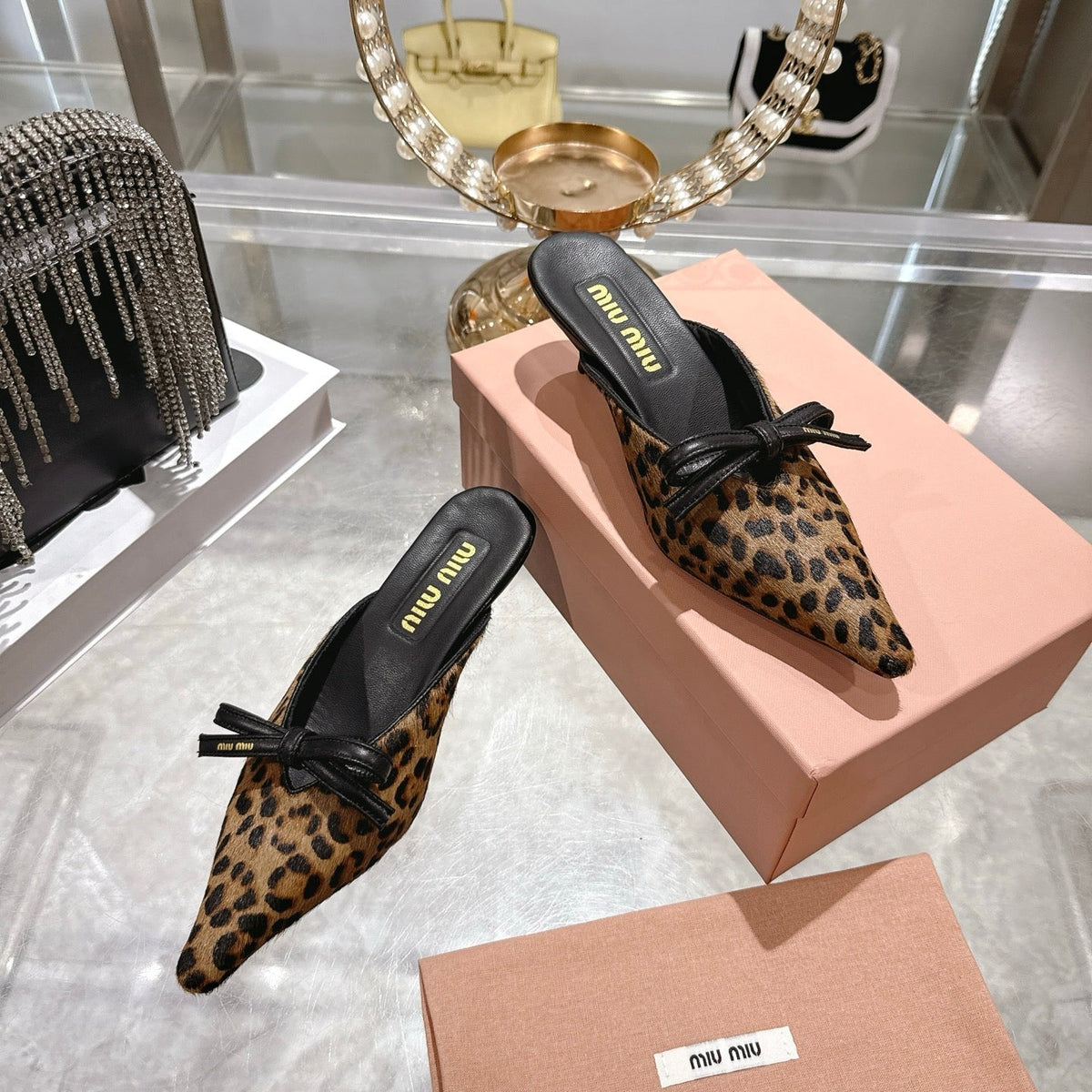 Miu 26 Pointed Toe Mule 45 Leopard Print Sheepskin 592091