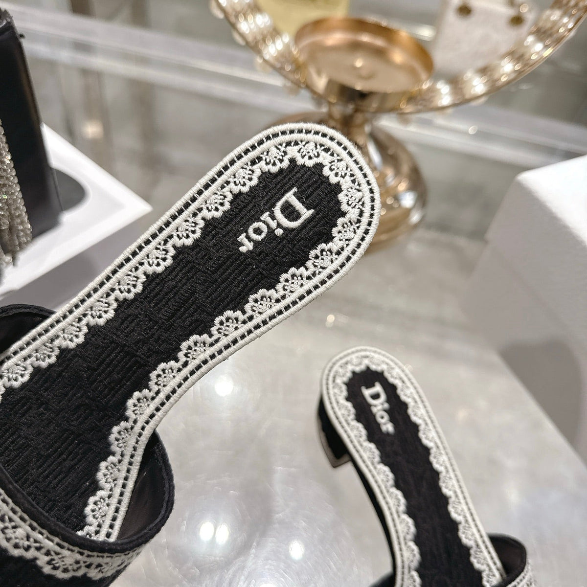 CD 26 Embroidered Sandals 45mm Black White Canvas 592240