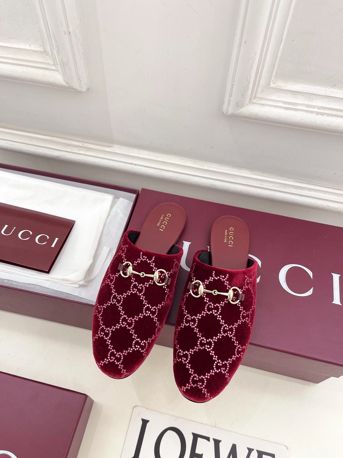 GG 26 Horsebit Flat Mules Rhinestones Red Velvet 587081