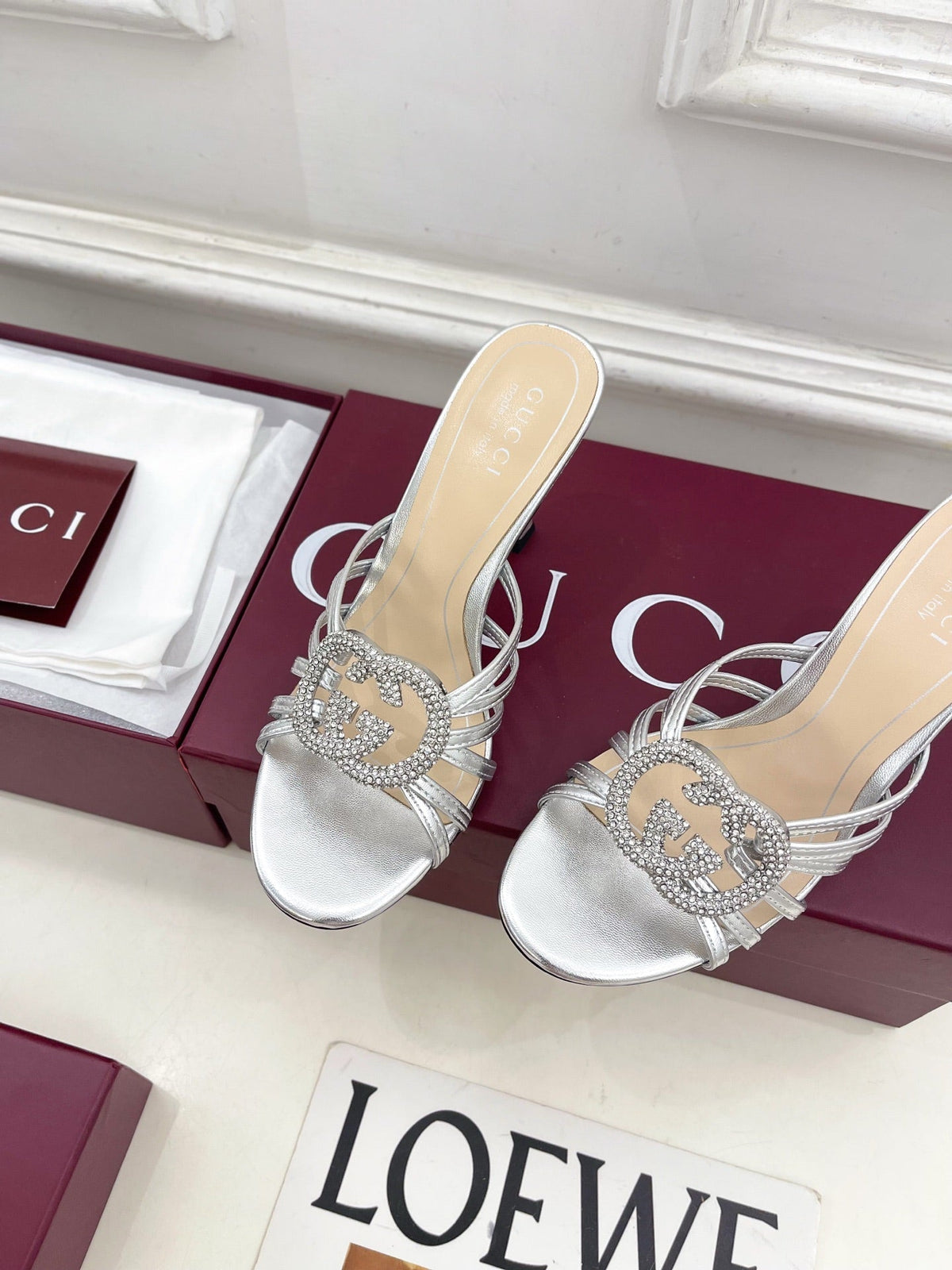 GG 26 High-Heeled Mules 85 Sliver Metallic Leather 587088